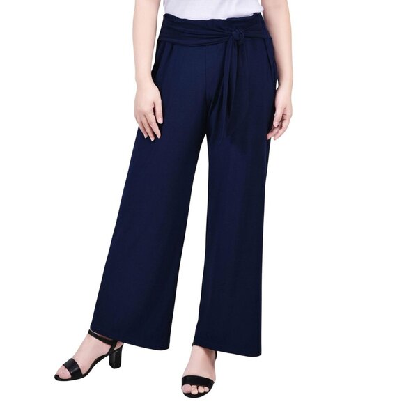 NWT Ny Collection Womens Petite Cropped Pull On Pants with Sash Navy Blue PM - Picture 1 of 7
